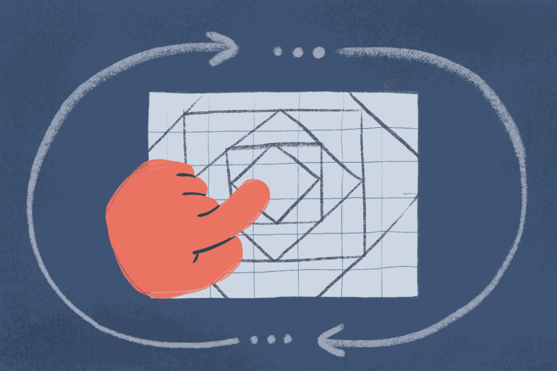An illustration showing a hand creating a repeated pattern on the Weavly coding environment. Two arrows around the scene show a circular movement.